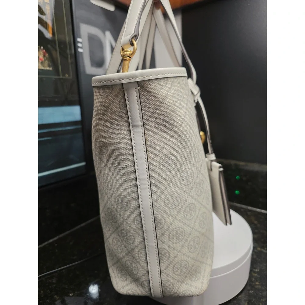 Tory Burch T Monogram Coated Canvas Tote White Gray Logo Crossbody Bag Luxury